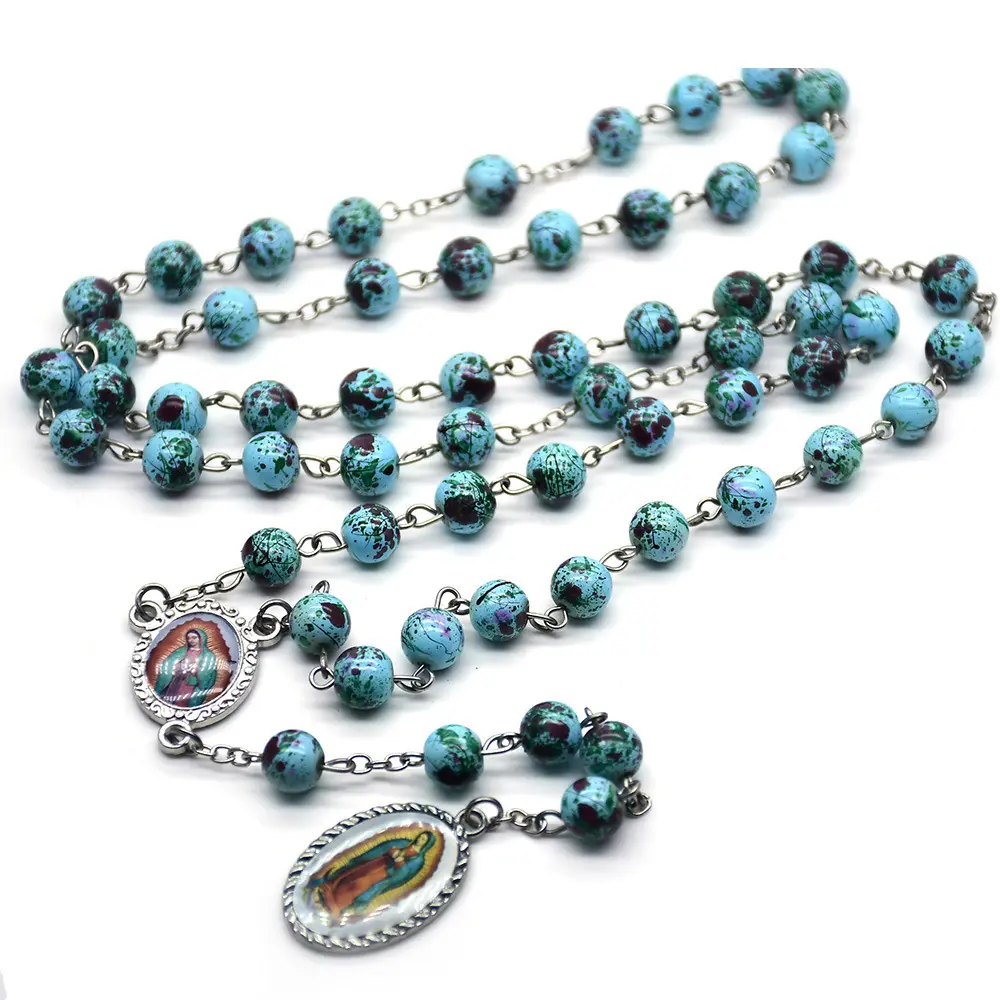 Wholesale Retro christian cross religious gift jewelry our lady of Guadalupe Cross Guadelupe Madonna charm glass Bead Necklace