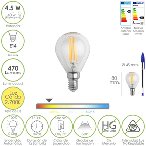 Lampadina LED a filamento E14 con attacco a vite. 4,5 Watt. Equivalente a 40 Watt. 470 Lumen. Bianco caldo (2700K). - Product Image 1