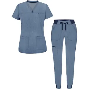 Profesyonel hastane kadınlar hemşire Medico scuniform üniforma setleri streç Slim Fit Jogger scsuit Suit