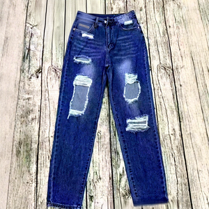 <span class=keywords><strong>Jean</strong></span> <span class=keywords><strong>skinny</strong></span> déchiré <span class=keywords><strong>taille</strong></span> <span class=keywords><strong>haute</strong></span> coupe droite en denim délavé pour femme, style streetwear décontracté, collection printemps - Product Image 2