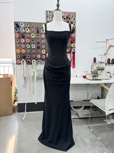 Robe longue de soirée chic pour femme T-1548, col carré, bretelles ajustables, dos nu, sexy, superposée, plissée, pour fête - Product Image 6