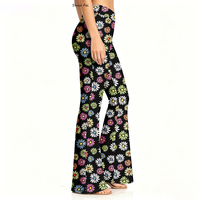 Vintage Trippy Sun Blossom Schwarze Schlaghose mit Hohem Bund, Geometrischem Botanischem Muster, Elastischem Bund und Vier-Wege-Stretch für Lässigen Stil