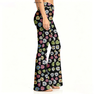 Leggings Vintage Neri a Zampa d'Elefante con Stampa Floreale Geometrica, Vita Alta, Elastici in Quattro Direzioni, Casual - Product Image 2