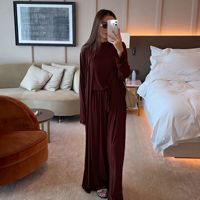 İslami Giyim Kadın 3 Parça Ev Giyim Seti Moda Günlük Düz Renk Hırka Üst Pantolon Takımı Jersey Müslüman Kadın Abaya Seti