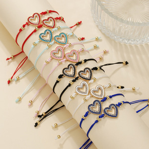 Fashion <b>String</b> <b>Bracelets</b> Heart Shape Rhinestone Adjustable Unisex Jewelry Set - Product Image 3