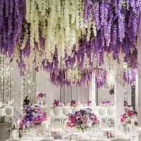Vente chaude, pas cher, 12 pièces de fleurs artificielles en plastique, glycine suspendue, fleurs de glycine en soie suspendues pour mariage