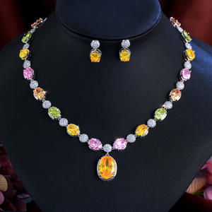 Parure de bijoux 2 pièces Noble avec pendentif ovale en zircon cubique couleur arc-en-ciel et boucles d'oreilles pendantes pour <span class=keywords><strong>femme</strong></span>, accessoires de costume de mariée et de fête - Product Image 1