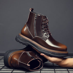 Bottes montantes à lacets pour hommes, en cuir de vachette, avec amorti, grandes tailles, décontractées, pour l'extérieur, toutes saisons, chaudes, pour le travail - Product Image 3