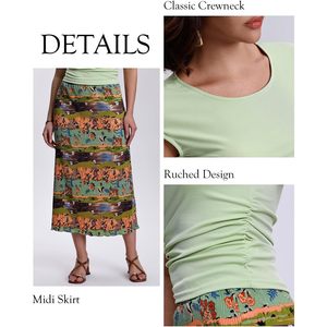 Ensemble deux pièces décontracté d'été pour femme FOXA : Haut sans manches à col rond et jupe midi à taille élastique en crêpe respirant - Product Image 6
