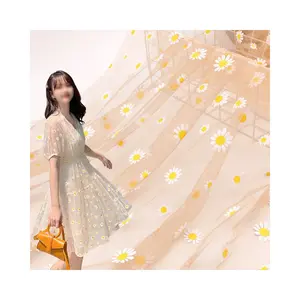 DANLU 신제품 2021 해바라기 메쉬 드레스 패브릭 인쇄 폴리 에스테르 가역 소재 메쉬 드레스 스팽글 레이스 패브릭 짠 화이트