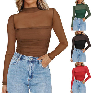 Top de Mujer para Verano, Ajustado, Transpirable, Cuello Medio Alto, con Malla, Costuras Decorativas, Manga Larga, Color Sólido, Sexy, Transparente, Estilo Regular - Product Image 1