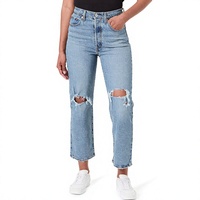 Jean délavé clair pour femme, taille haute, coupe droite, en denim, décontracté, pour l'été