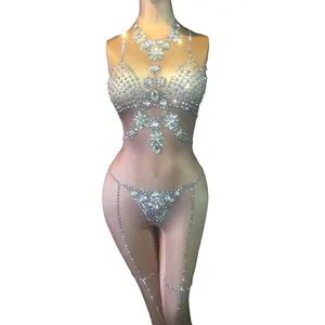 Seksi çıplak cilt streç Spandex kristal tulum bayan kulübü parti taklidi tulum kutup dans tek parça tulum sahne kostüm