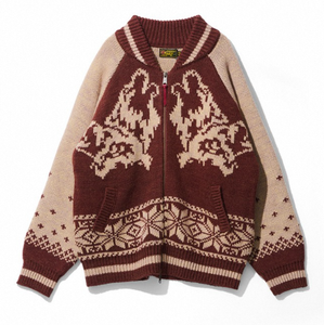 OGARP Korea Wolf Cowichan Knit Zip-Up Suéter marrón para hombre - Product Image 1