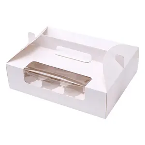 Impressão de caixa de papelão branco para bolo bento e cupcake, embalagem com janela de alça