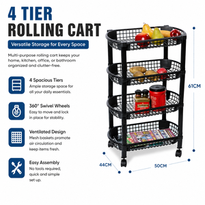 Chariot de rangement multifonctionnel en plastique à 4 niveaux avec roulettes, étagère mobile - Product Image 6