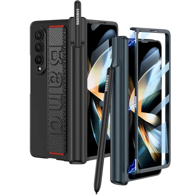 Shockproof Wrist Band Matte Case For Samsung Galaxy Z Fold 4 Fold4 Magnetic Hinge Pen Holder Case Hard PC Cover with Glass Film