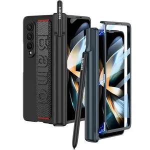 Schokbestendige Polsband Mat Hoesje Voor Samsung Galaxy Z Fold 4 Fold4 Magnetische Scharnier Penhouder Case Hard Pc Cover Met Glasfolie