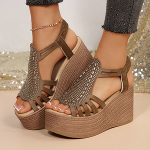 Women Rhinestone Wedge <b>Sandals</b> Summer New Thick Sole Platform Large Hollow Elastic Strap Roman <b>Sandals</b> - Product Image 2