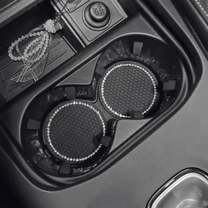 Car Rhinestone Cup Mat Round Soft Rubber Universal Non Slip Front Seat <b>Interior</b> <b>Accessory</b> Black PVC - Product Image 1