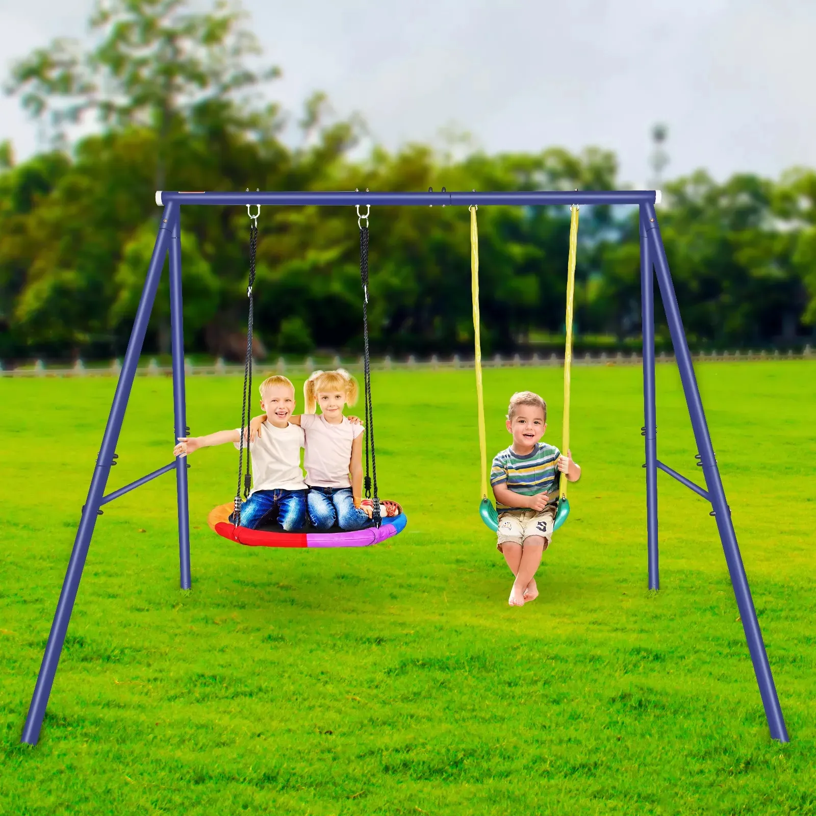 Kids Tuin Schommel, 500lbs Swing Set Met Zware Een-Frame Metalen Outdoor Swing Stand, 1 Schotel Swing Seat & 1 Schommels Seat