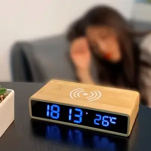 Relógio despertador sem fio, presente 10w 3 em 1, exibição de temperatura de som, relógio digital de madeira de bambu