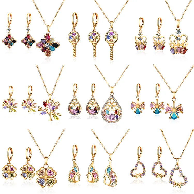 Perhiasan Gaya Baru 18K Berlapis Emas Zirkonia Kubik Warna-warni Set Kalung dan Anting-Anting Murah untuk Pernikahan