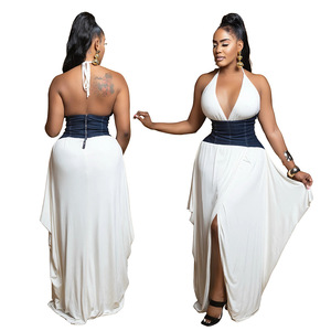 Cy901843 dây <span class=keywords><strong>maxi</strong></span> ăn mặc thanh lịch backless dài bên mặc giản dị denim spliced sữa lụa thoáng khí đứng tự nhiên phía trước - Product Image 2