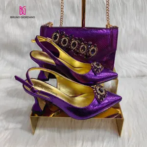 Свадебные туфли на высоком каблуке от производителя, свадебные туфли и сумочка, итальянский дизайн, высококачественные привлекательные Фиолетовые женские туфли и сумки с кристаллами