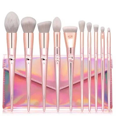 Atacado Professional 10 pcs Rose Ouro em Placas de Plástico Alça Meninas Diário de Blush Make Up Brushes Makeup Brush Set Com Caso