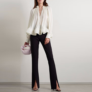 Moda Casual bastante suelta con volantes reunidos gasa <span class=keywords><strong>blanca</strong></span> Tops camisas de diseñador para mujeres elegantes blusas de marca de lujo para mujeres - Product Image 3