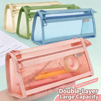 Pochette à crayons triangulaire double couche en PVC avec logo personnalisé, transparente, visible, grande capacité, fermeture éclair, pour l'école et le bureau