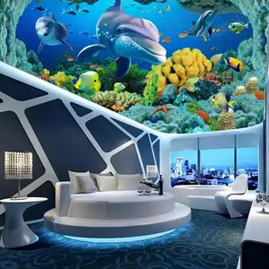 KOMNNI 사용자 정의 3D 수중 세계 바다 돌고래 3D 벽지 벽화 아이들 인테리어 장식 현대 천장 벽화 벽지