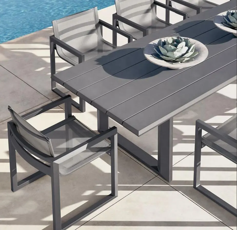 Mesa de comedor de aluminio para exteriores, mueble popular para patio, jardín