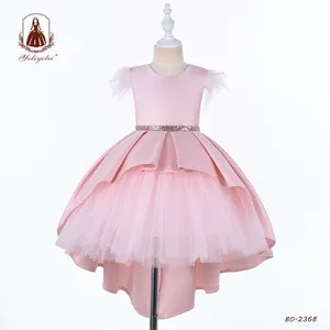 5-9 년 짧은 소매 신부 새틴 불규칙한 순수 핑크 높은 낮은 디자인 소녀 드레스