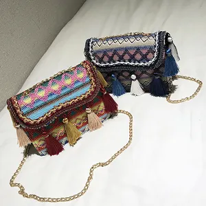 Sac à main Vintage pour femmes, modèle ethnique arc-en-ciel, bohème, tricoté, sans couleurs, sac à bandoulière avec chaîne