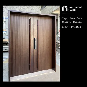Prettwood-puerta de entrada delantera de nogal americano, diseño residencial Vertical, mango de madera maciza, doble oscilación