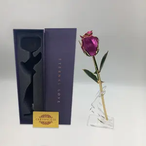 Grosir Hari Valentine Buatan Tangan Segar Diawetkan Mawar dengan Batang 24K Emas Dicelup Warna Fuchsia Abadi Kuncup Mawar Kerajinan Logam
