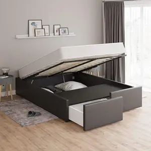 King Size Upholstered Faux Leather Platform Bed Frame with Gas Lift Up Storage and 2 Drawers Underneath