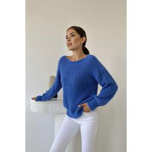 Pull tricoté décontracté bleu pour femme, manches longues, anti-boulochage, à motifs - Product Image 3