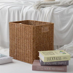 Cesta de almacenamiento tejida a mano, rectangular, con asas, 34x26x33cm, para ordenar y guardar, estilo europeo, imitación ratán - Product Image 1