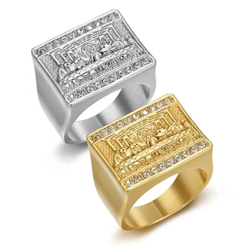 PVD Gold Silver Plating Hip Hop Bling CZ Rhinestone And Stainless Steel The Last Supper Rings