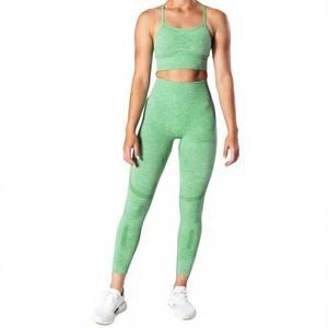 Green Seamless Plus Size Yoga Set <b>Women</b> 2 <b>Piece</b> High Waist Leggings Crop Top Spaghetti Strap Solid Color Sportwear Full Length - Product Image 1