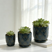 Pot Sukulen Keramik Biru Geometris Nordik dengan Alas, Grosir Pot Bunga Porselen Berlapis untuk Tanaman Indoor