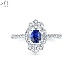 New Classic Style Gemstone Fine Jewelry Set 18K White Gold Real Natural Diamond Blue Sapphire Rings For Women
