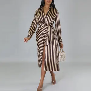 custom designer new fashion female spring wholesale lady stripe print satin long sleeve maxi tunic women dress elegant