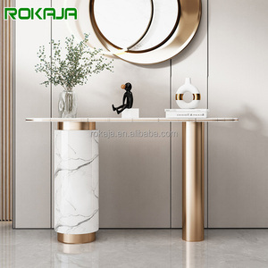 <span class=keywords><strong>Mesa</strong></span> de entrada de pies dorados cilíndricos de <span class=keywords><strong>alta</strong></span> calidad, <span class=keywords><strong>mesa</strong></span> decorativa de piedra sinterizada de lujo, <span class=keywords><strong>mesa</strong></span> de consola de acero inoxidable para Hotel - Product Image 1