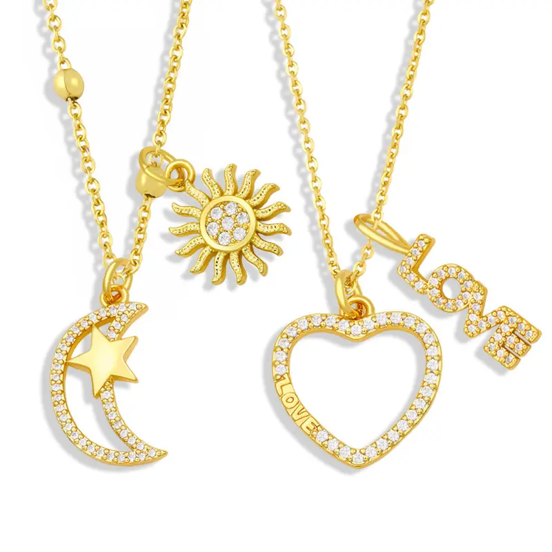 NKY68 High Quality Fashion Cubic Zircon Heart And Moon Necklace Gold Pendant Necklace Jewelry