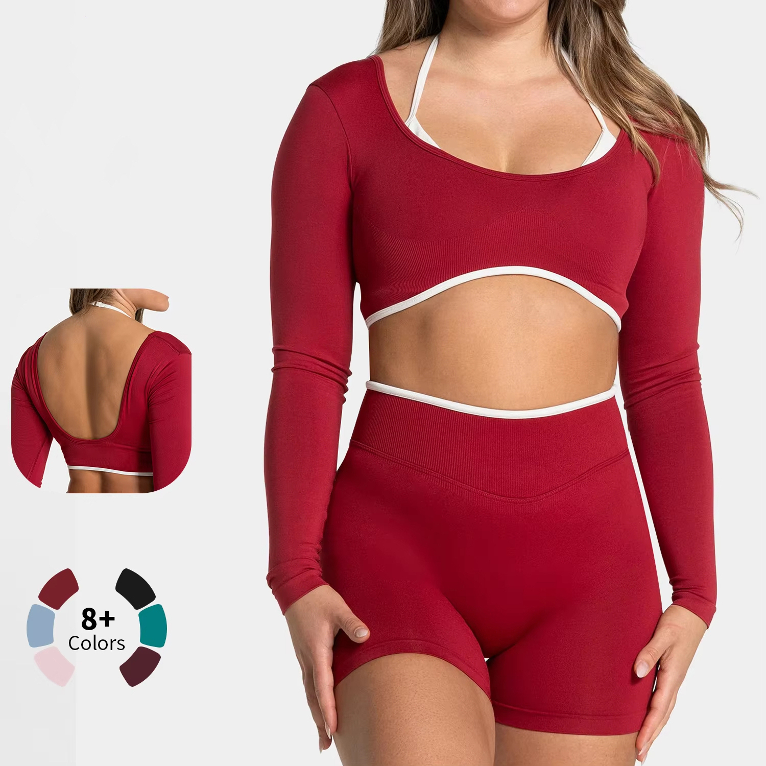 Women's Long-Sleeved Breathable Seamless Two-Piece Yoga Top Plus Size Workout & Running Fitness Sports Clothing Set Front Logo