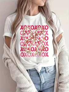 T-shirt casual da donna con stampa Xoxo Bow Heart, manica corta, girocollo, tessuto jersey traspirante, top primavera estate - Product Image 3